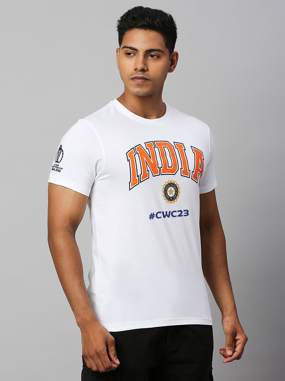 Official ICC CWC-23 Men White Solid Short Sleeves Round Neck T-Shirt