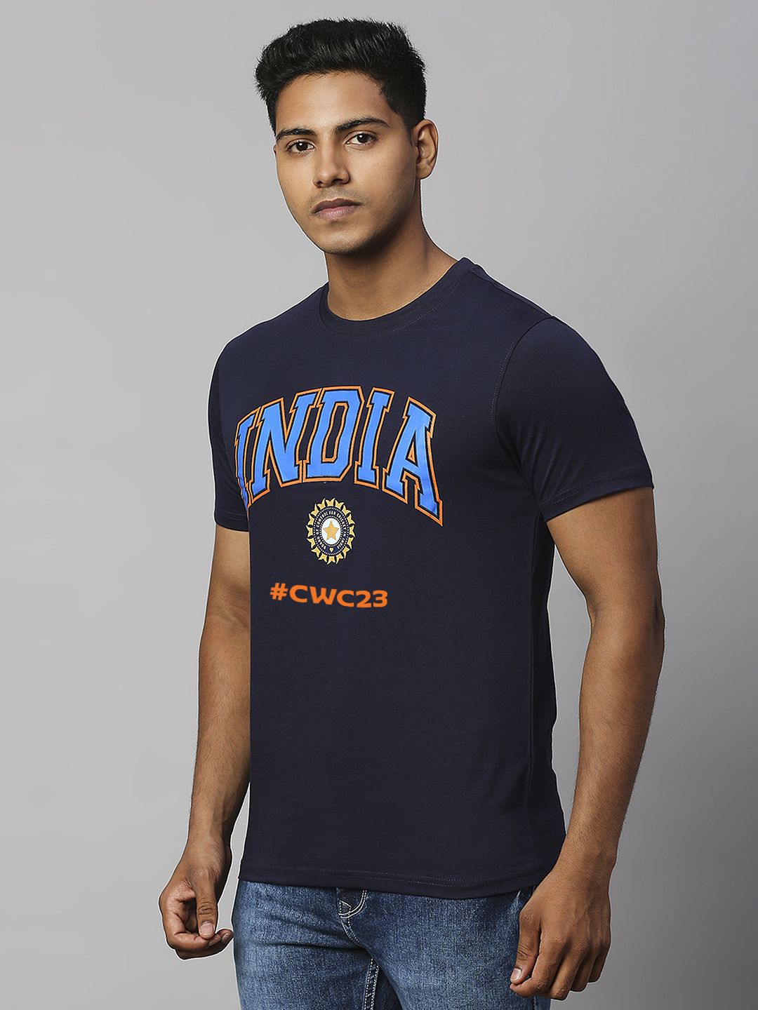 Buy Official ICC CWC-23 Men Navy Blue Solid Short Sleeves Round Neck T ...