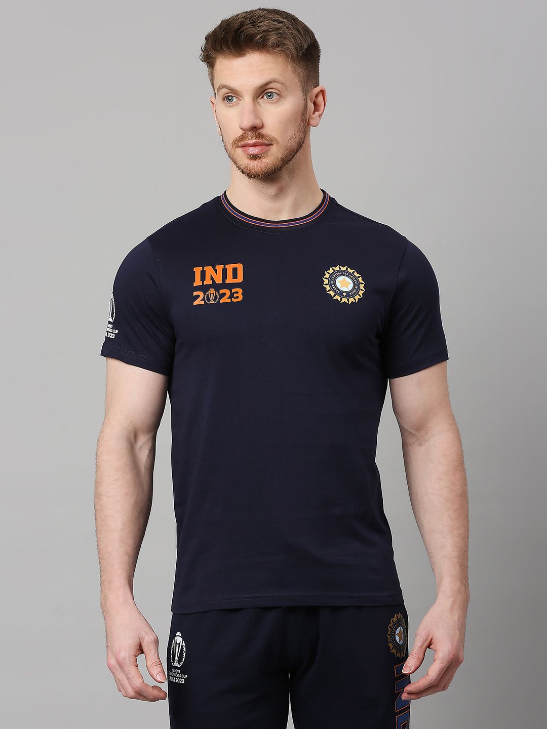 Official ICC CWC-23 Men Navy Blue Solid Short Sleeves Round Neck T-Shirt