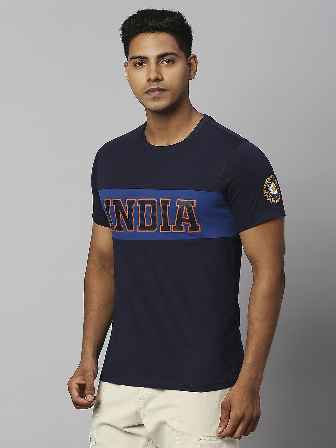 Buy Official ICC CWC-23 Men Navy Blue Colourblocked Short Sleeves Round ...
