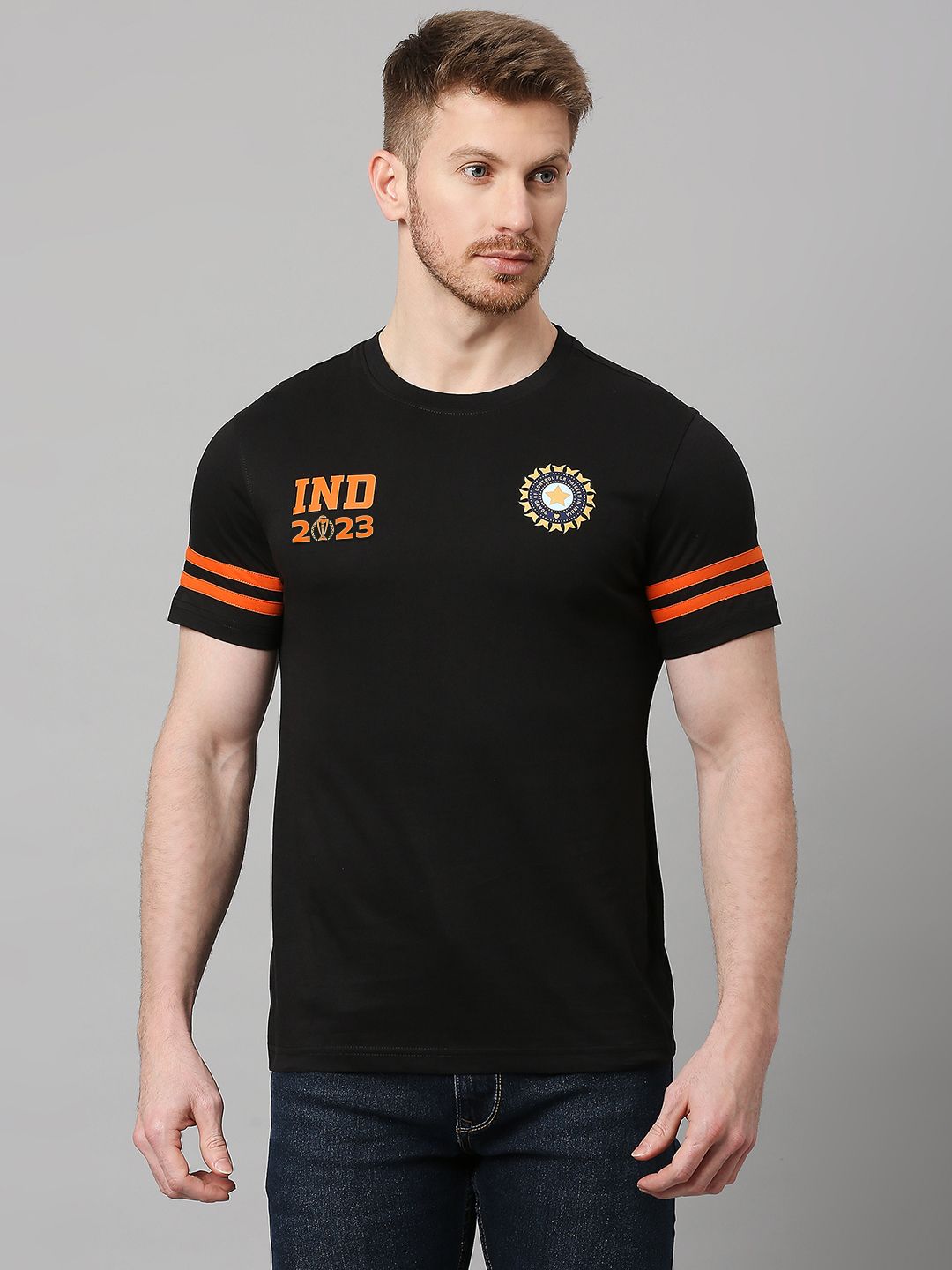 Official ICC CWC-23 Men Black Solid Short Sleeves Round Neck T-Shirt