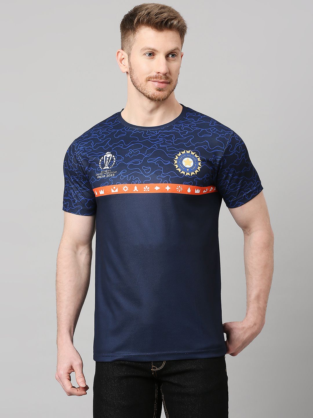 Official ICC CWC-23 Men Navy Blue Printed Short Sleeves Round Neck T-Shirt