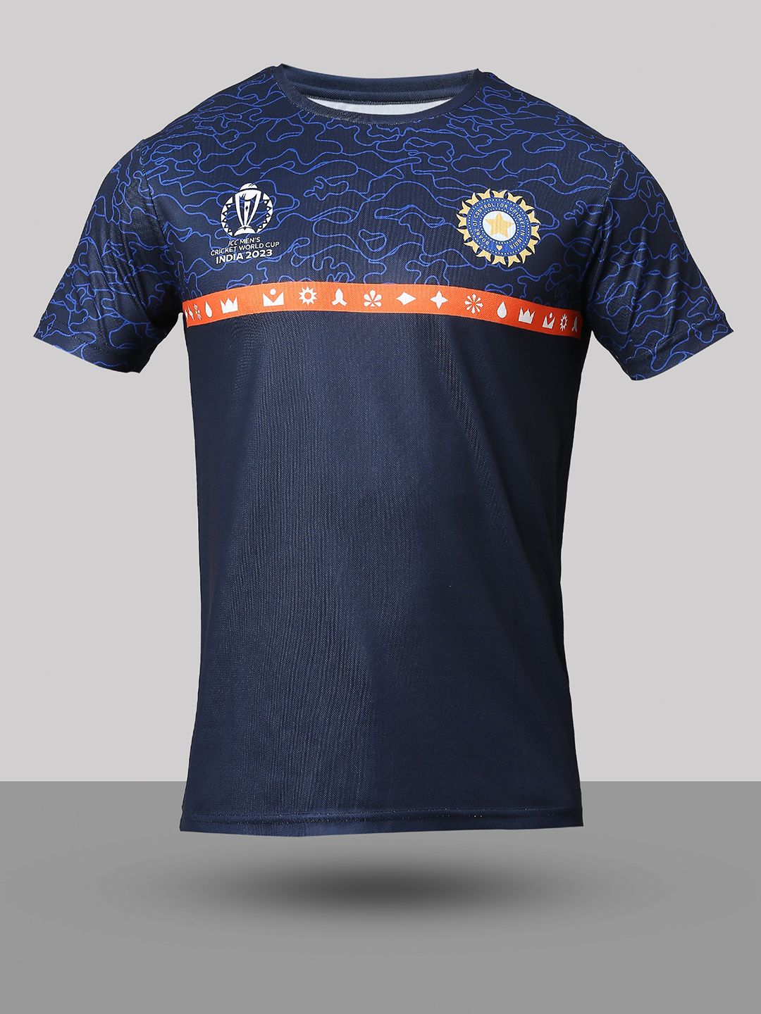 Buy Official ICC CWC-23 Men Navy Blue Printed Short Sleeves Round Neck ...