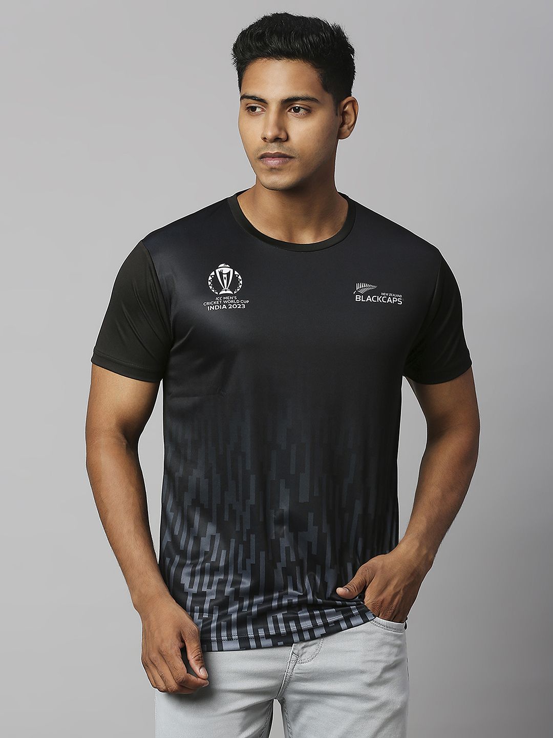 Official ICC CWC-23 Men Black Printed Short Sleeves Round Neck T-Shirt
