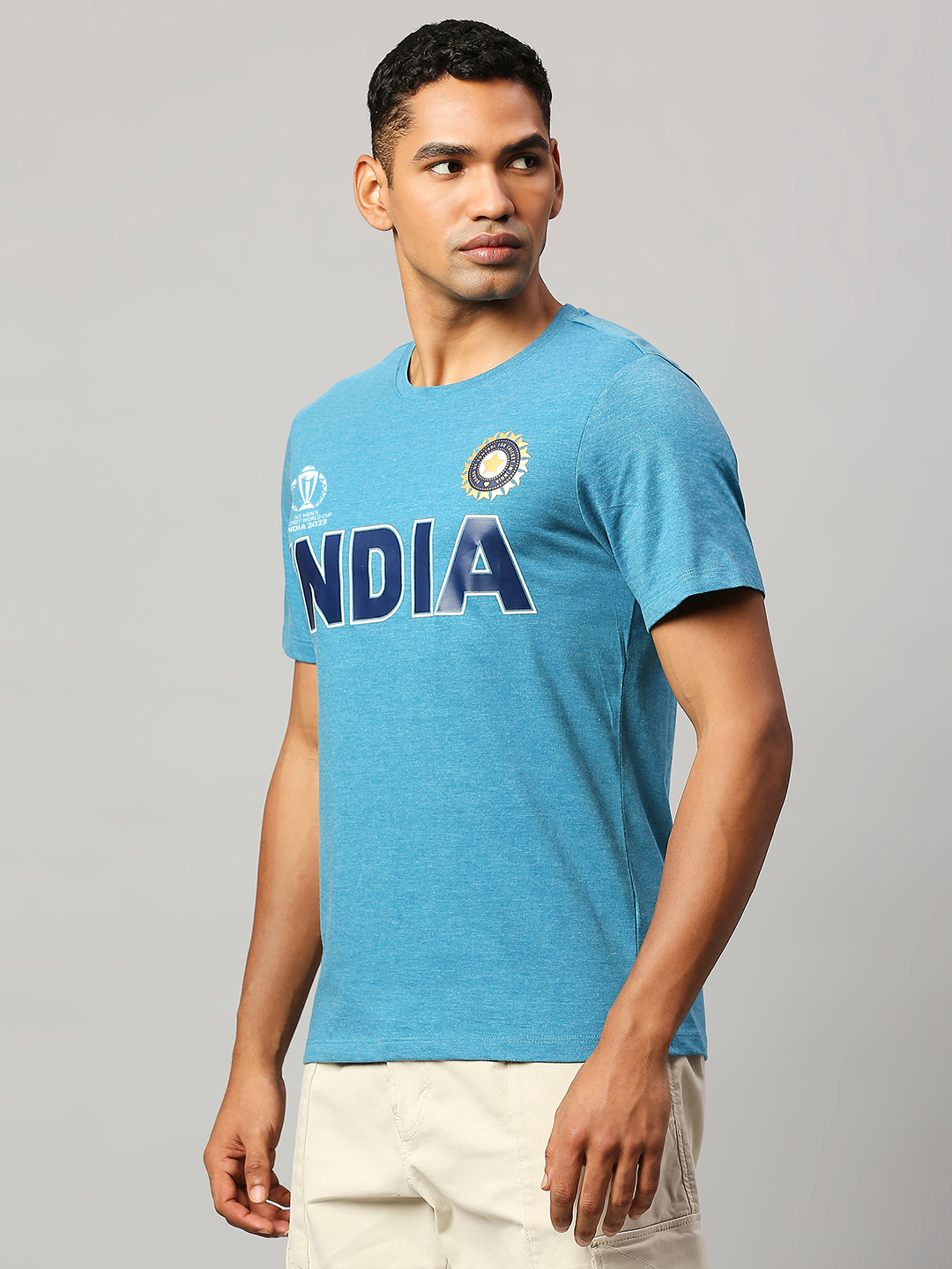 Buy Official ICC CWC-23 Men Blue Melange Short Sleeves Polycotton Round ...