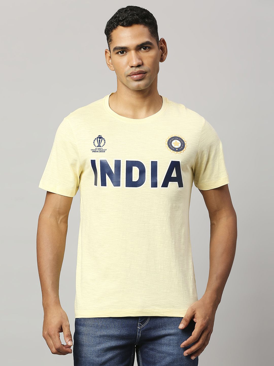 Official ICC CWC-23 Men Yellow Solid Short Sleeves Round Neck T-Shirt