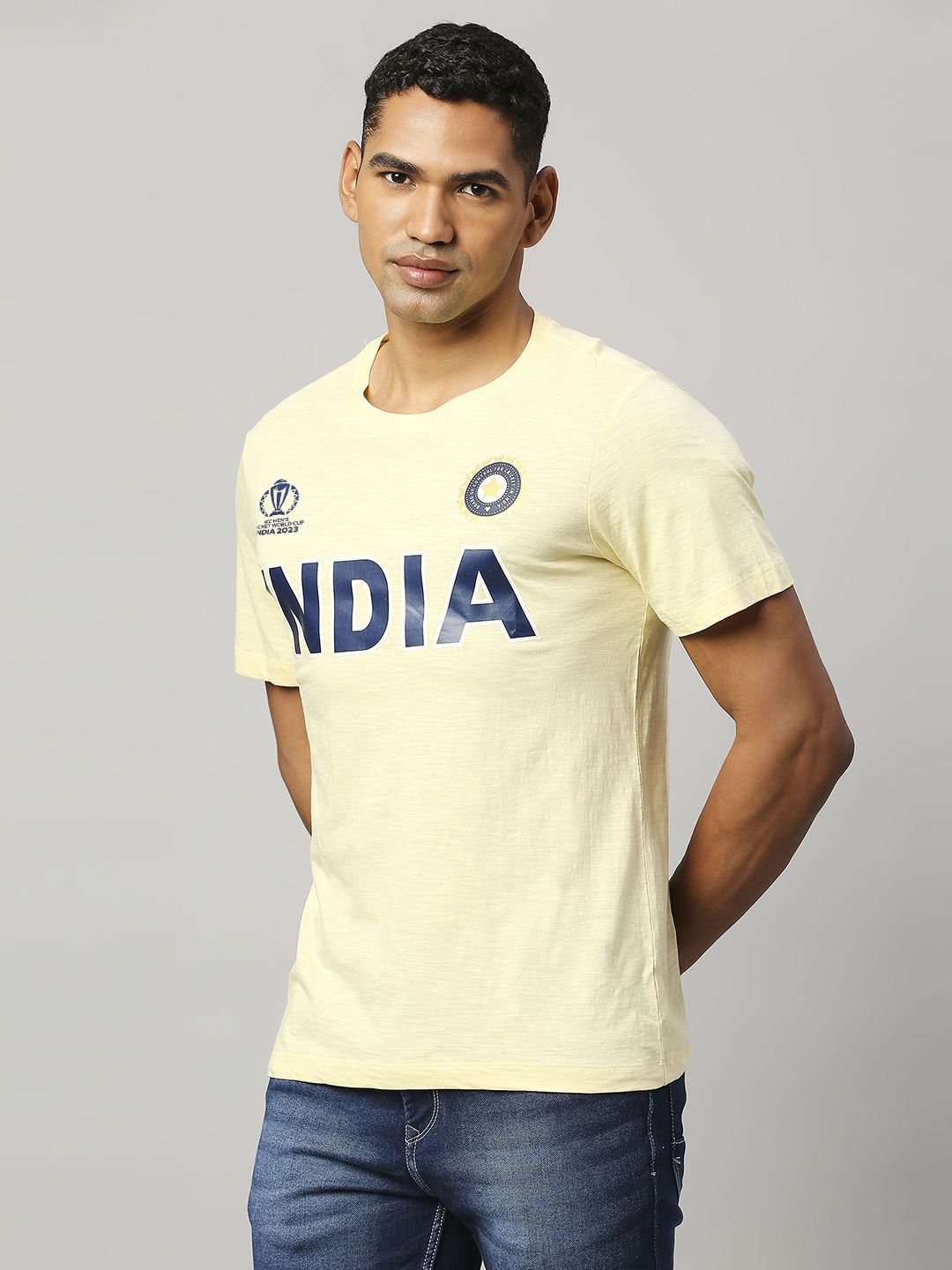Buy Official ICC CWC-23 Men Yellow Solid Short Sleeves Round Neck T ...