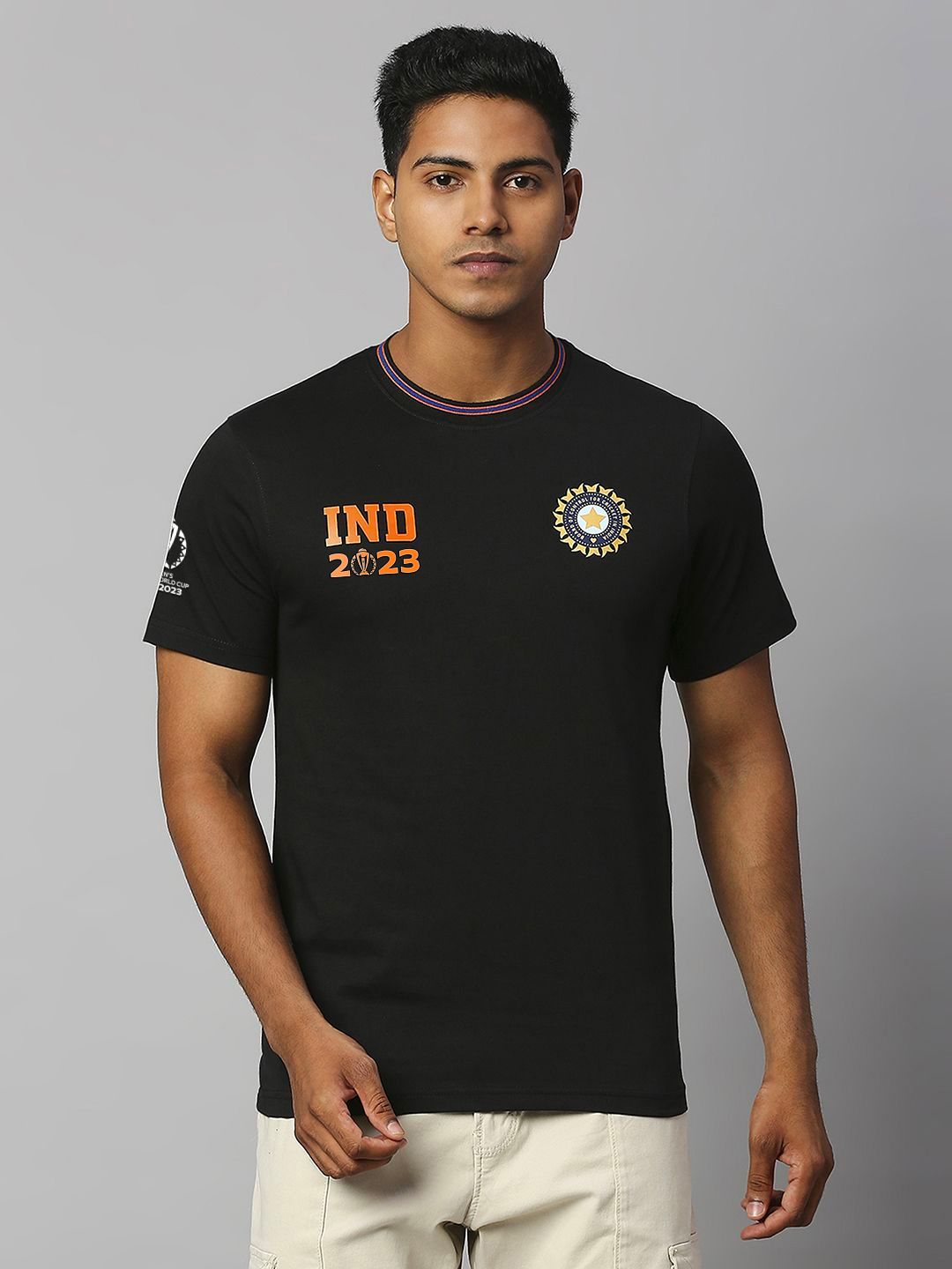 Buy Official ICC CWC-23 Men Black Solid Short Sleeves Round Neck T ...