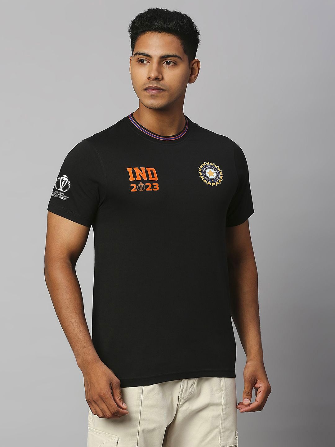 Buy Official ICC CWC-23 Men Black Solid Short Sleeves Round Neck T ...