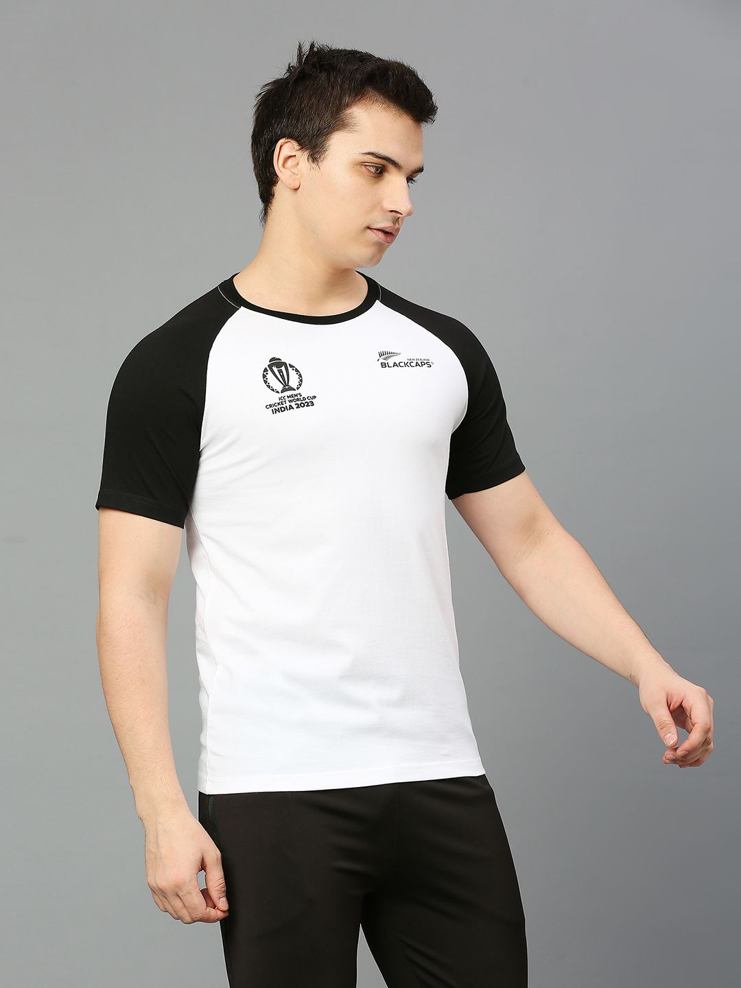 Buy Official ICC CWC-23 Men White and Black Colourblocked Short Sleeves ...
