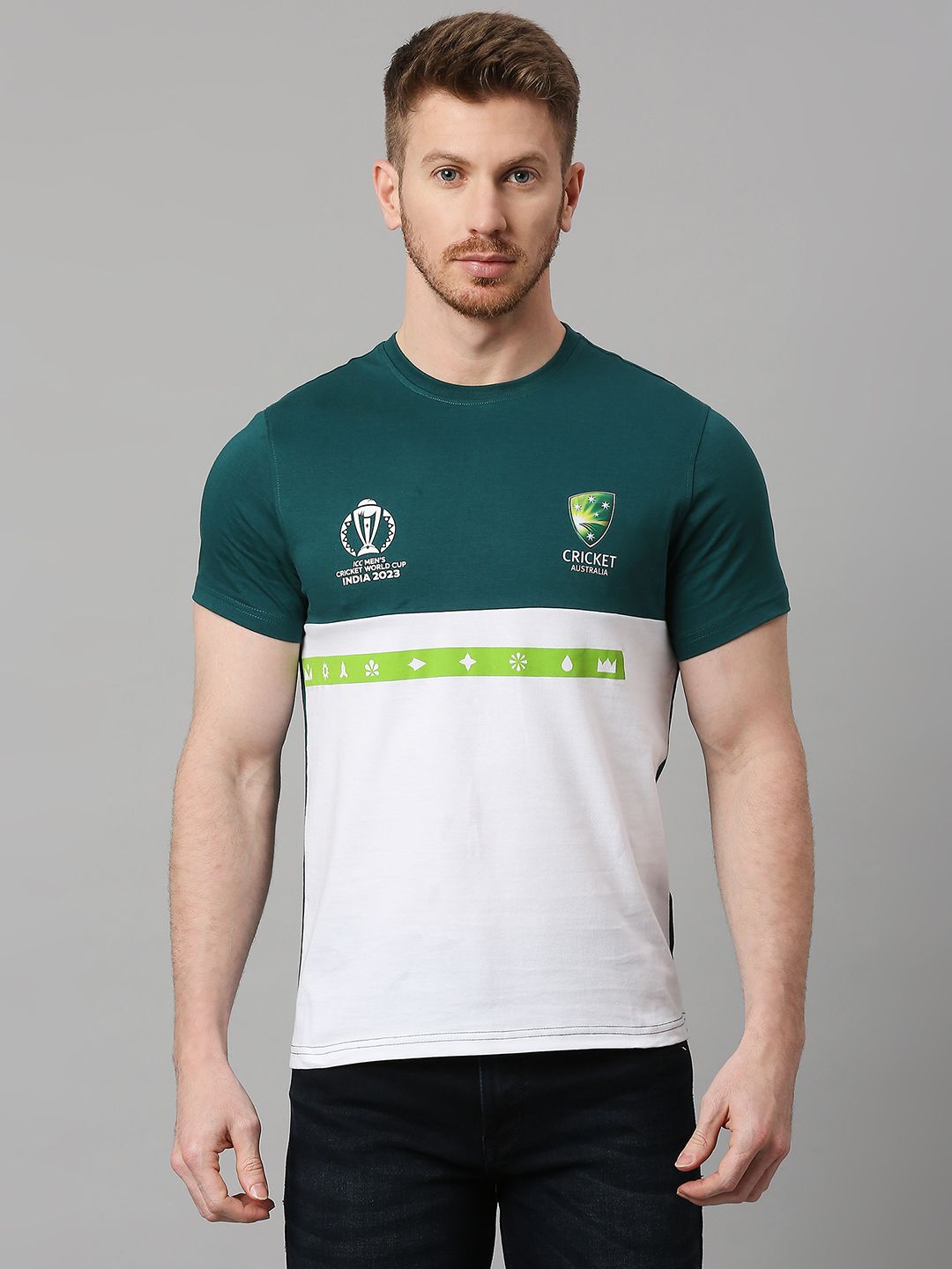 Official ICC CWC-23 Men White and Green Colourblocked Short Sleeves Round Neck T-Shirt