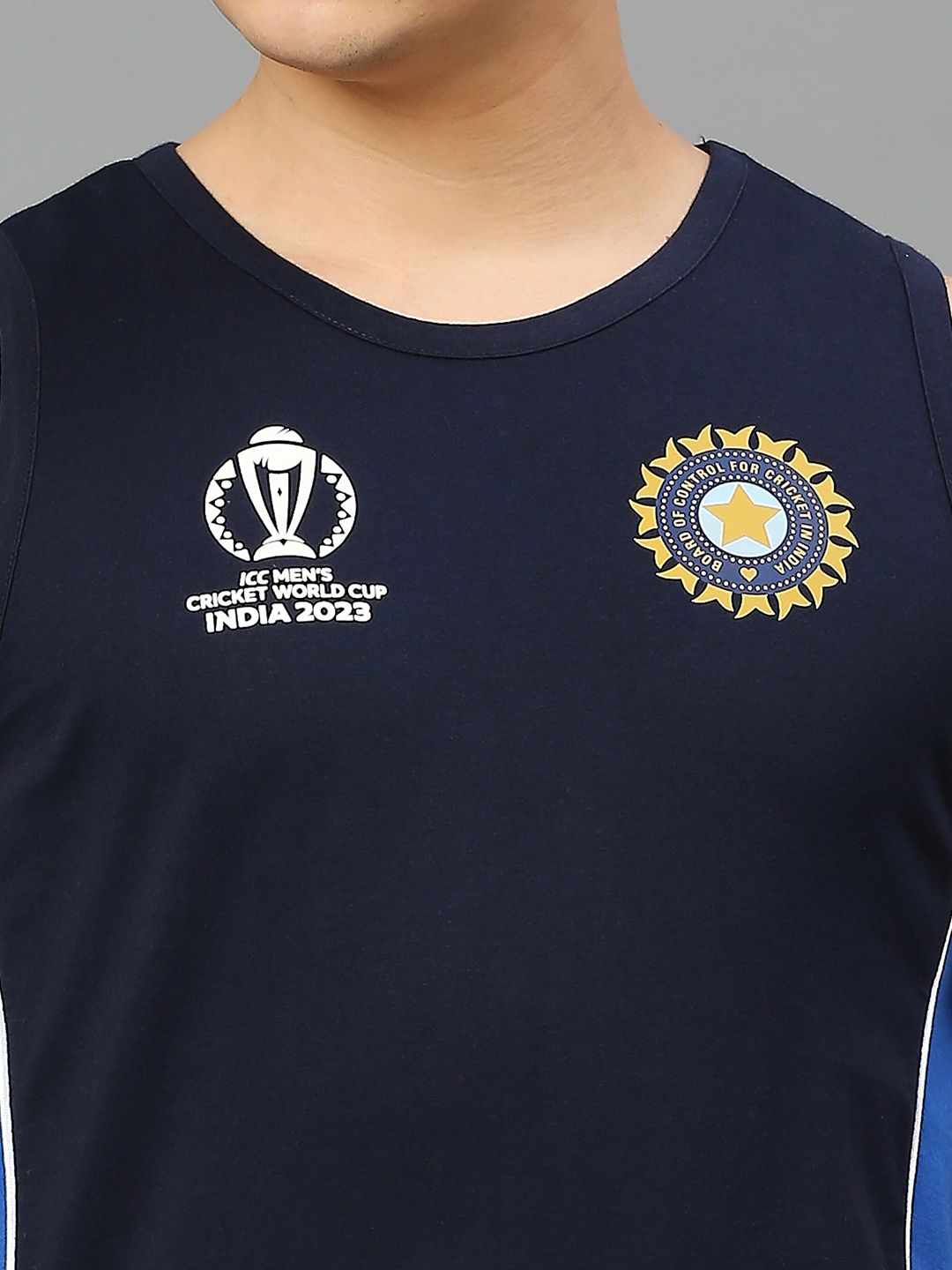 Buy Official ICC CWC-23 Men Navy Blue Colourblocked Sleeveless Round ...