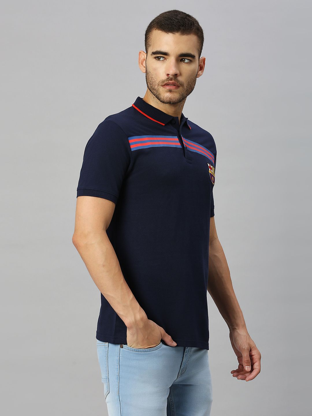 Buy Men Navy Blue Striped Half Sleeves Polo Collar Cotton T-Shirt From ...