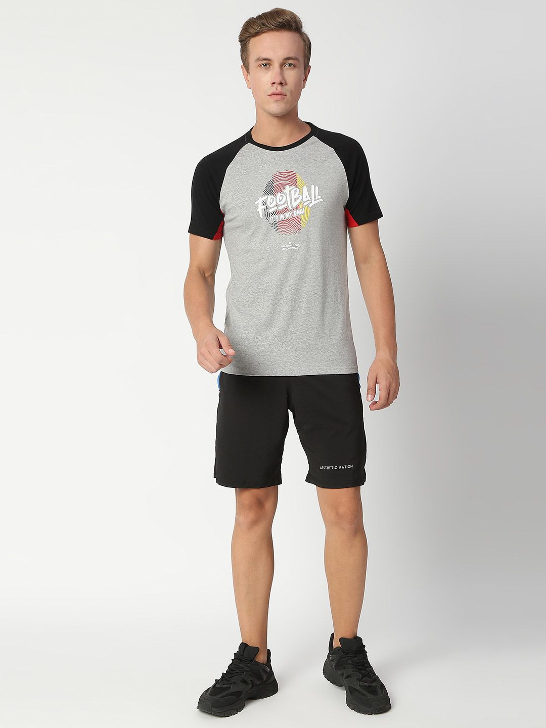 Buy FIFA WC'22 Men Grey & Black Printed Round Neck Cotton TShirts From