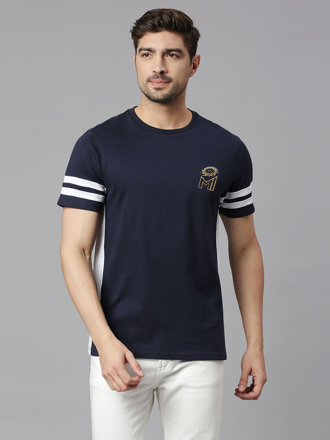 Men Navy Blue Printed Round Neck T-Shirts
