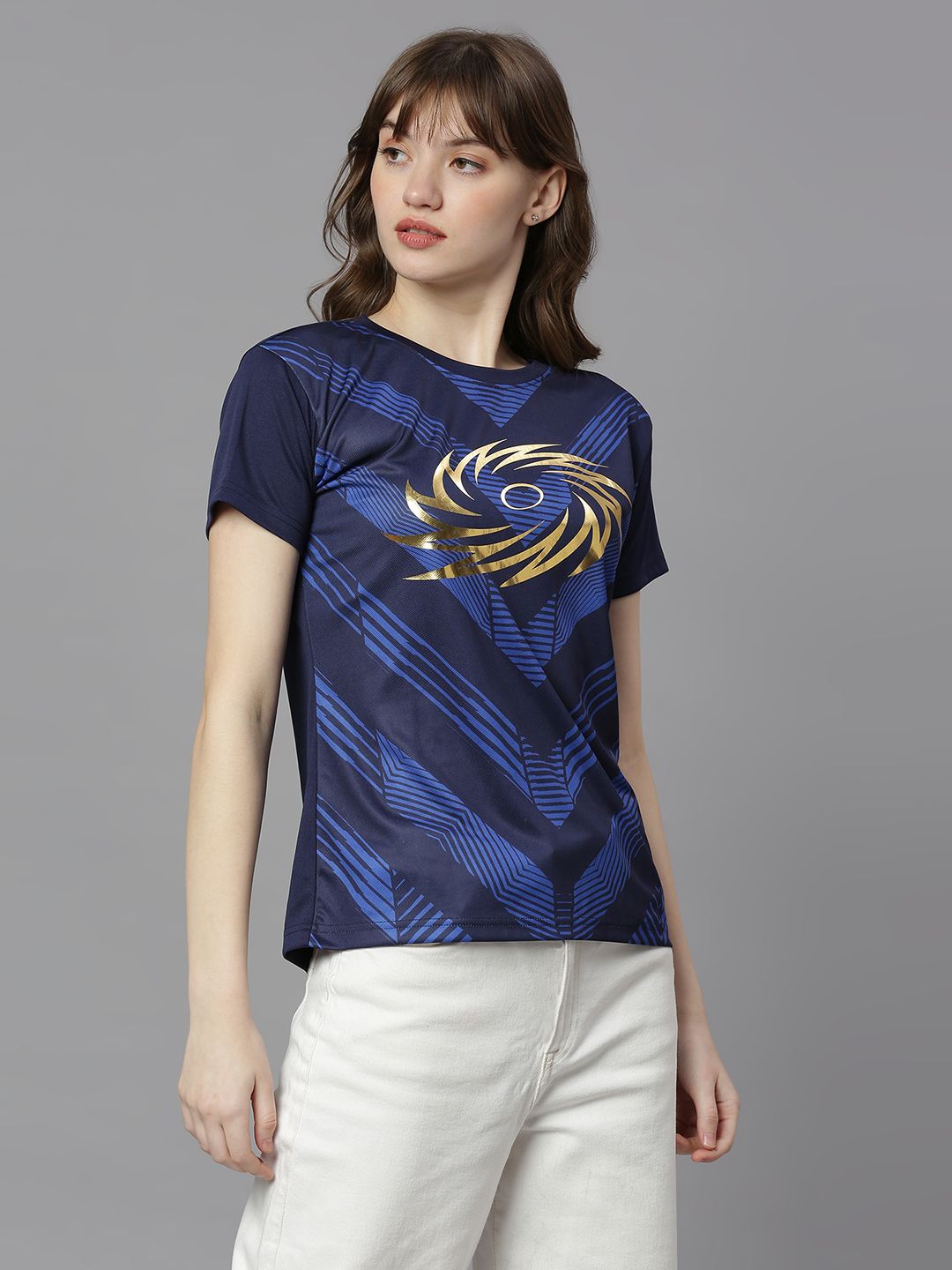 Buy Women Navy Blue Printed Round Neck T Shirts Customised With Your Name By Fancode From 4488