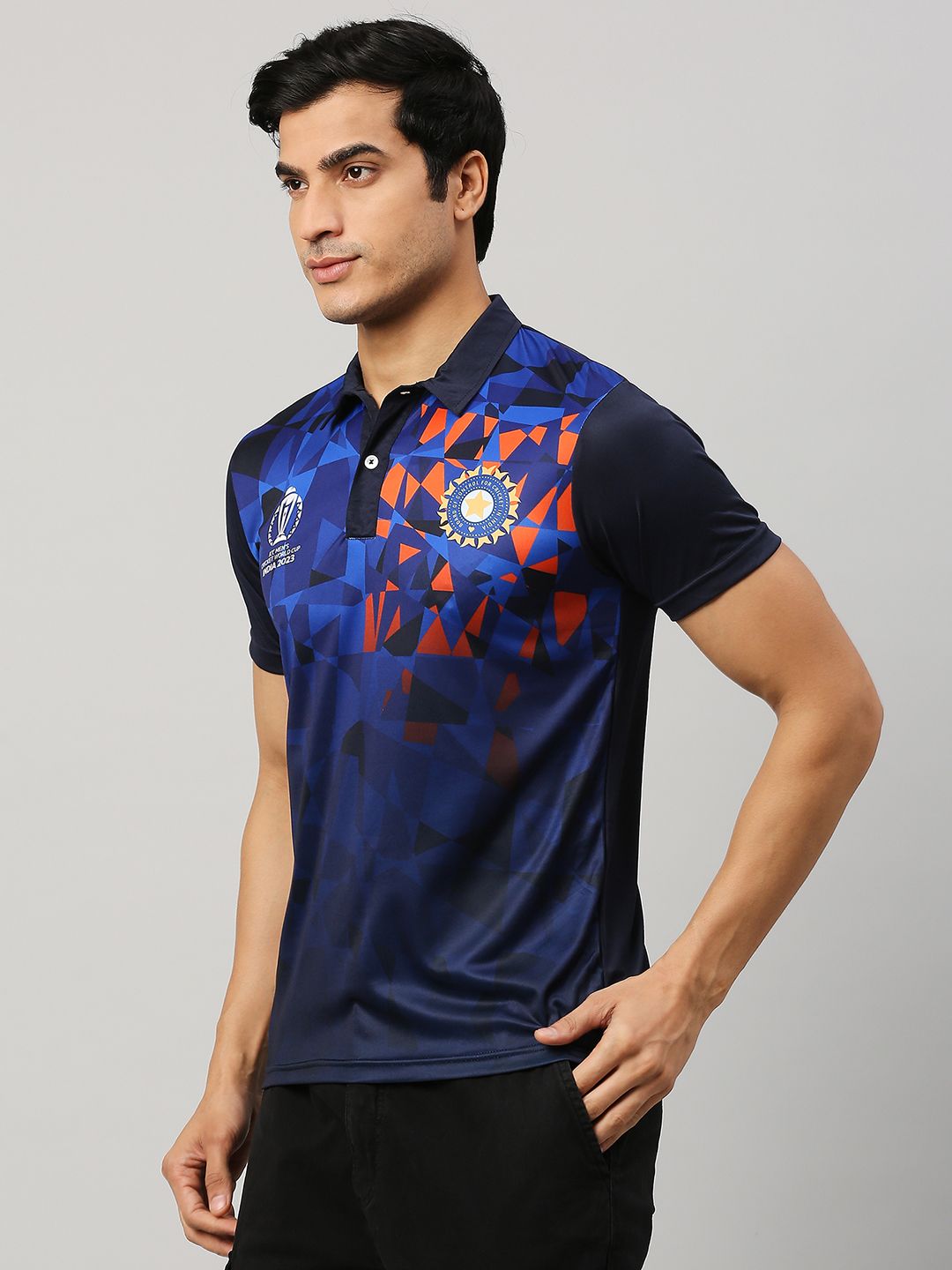 Buy Official ICC CWC-23 Men Navy Blue Printed Short Sleeves Polo Collar ...