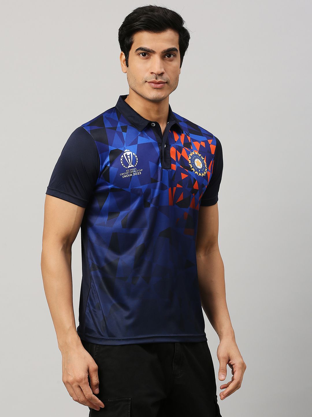 Buy Official ICC CWC-23 Men Navy Blue Printed Short Sleeves Polo Collar ...
