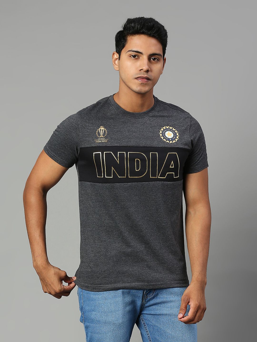 Buy Official ICC CWC-23 Team India Grey and Navy Blue Round Neck T ...