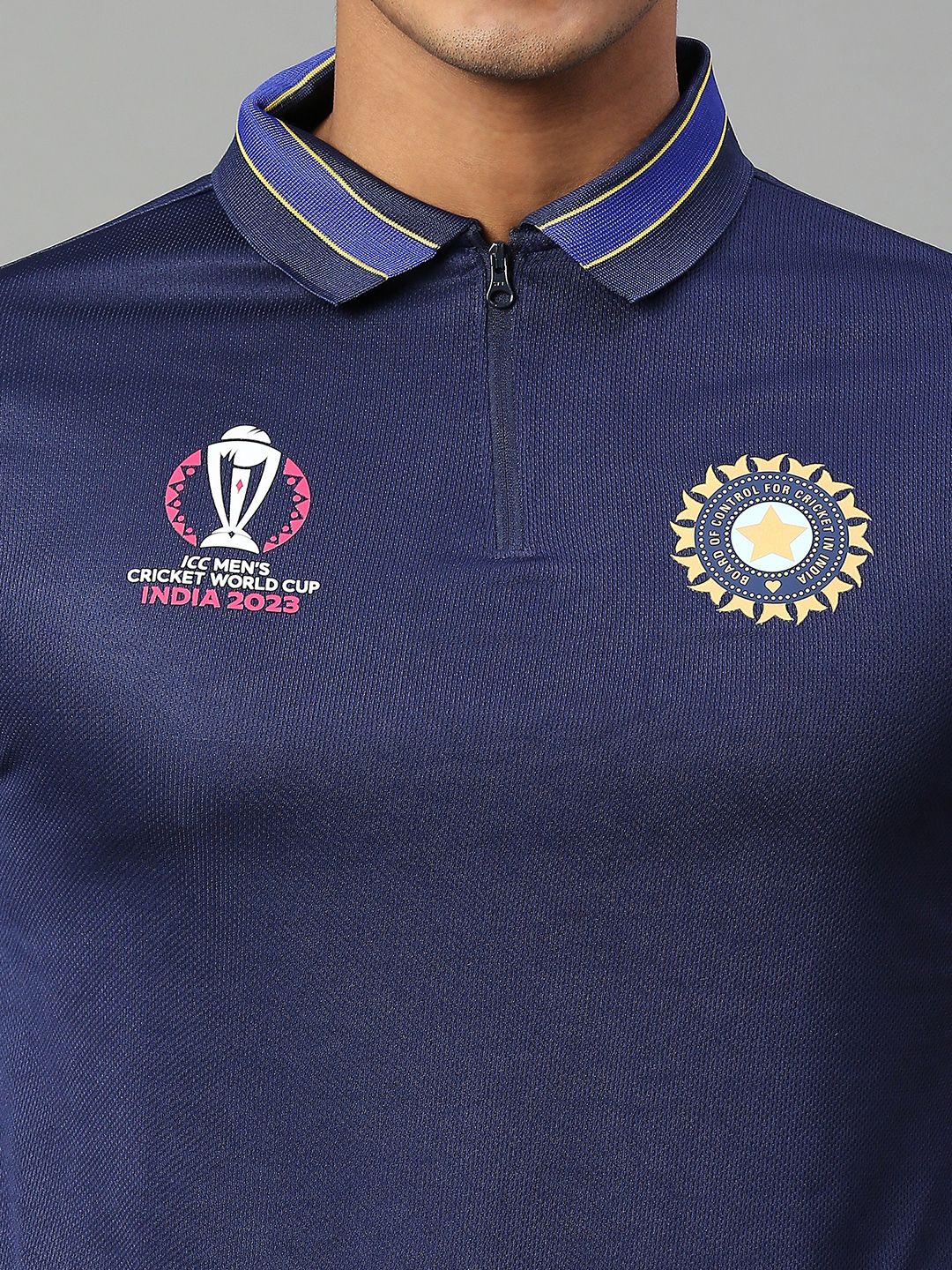 Buy Official ICC CWC-23 Men Dark Blue Printed Polo Collar Polos from ...