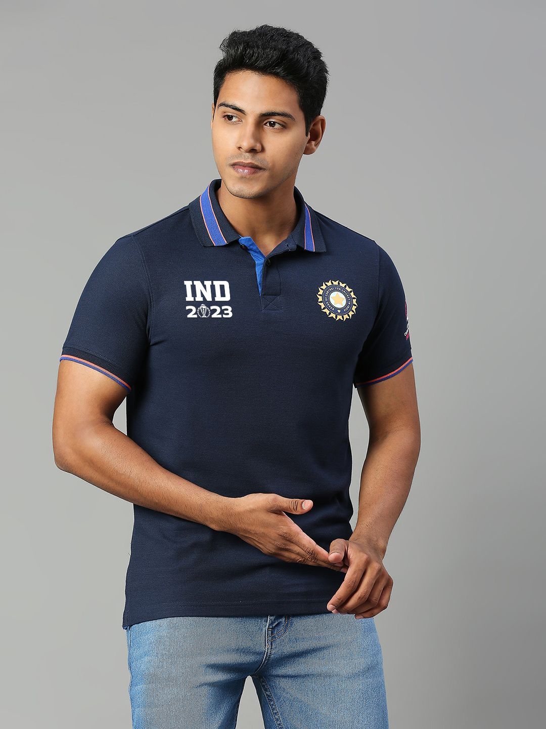 Buy Official ICC CWC-23 Men Dark Blue Printed Polo Collar Polos from ...