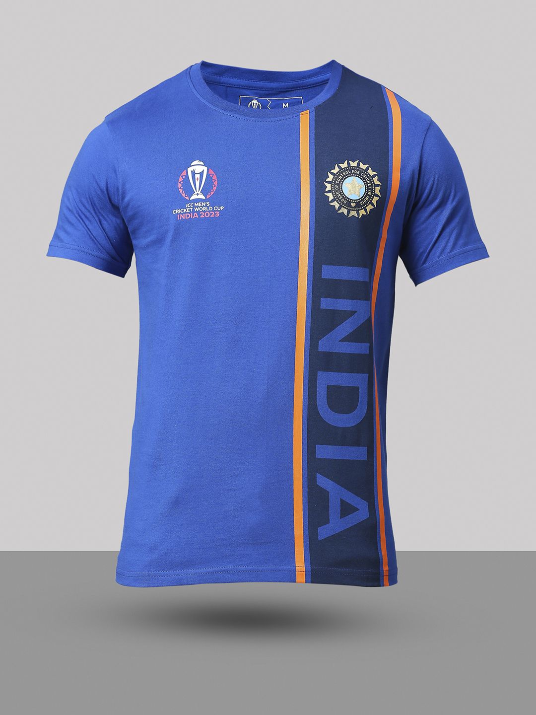 Buy Official ICC CWC-23 Men Blue and Orange Striped Cotton Round Neck T ...