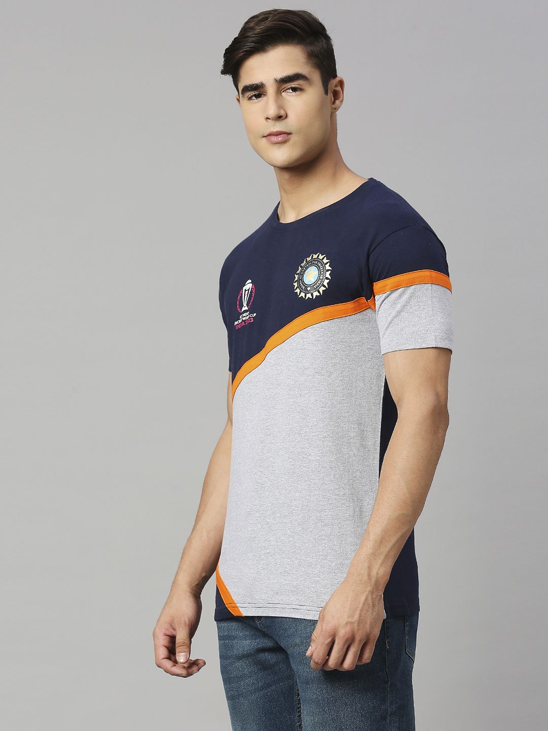 Buy Official ICC CWC-23 Men Navy and Grey Colour Block Cotton Round ...