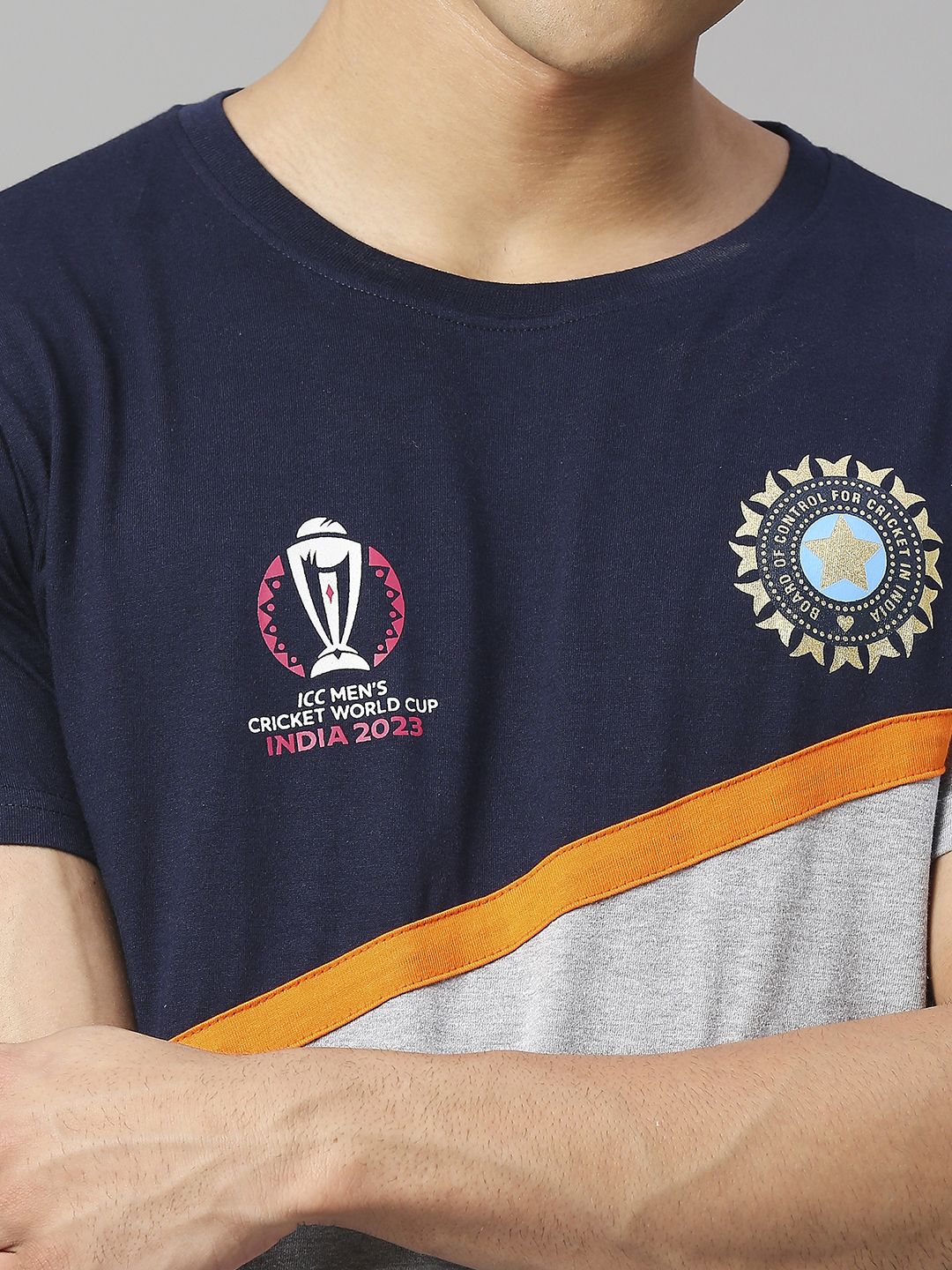 Buy Official ICC CWC-23 Men Navy and Grey Colour Block Cotton Round ...