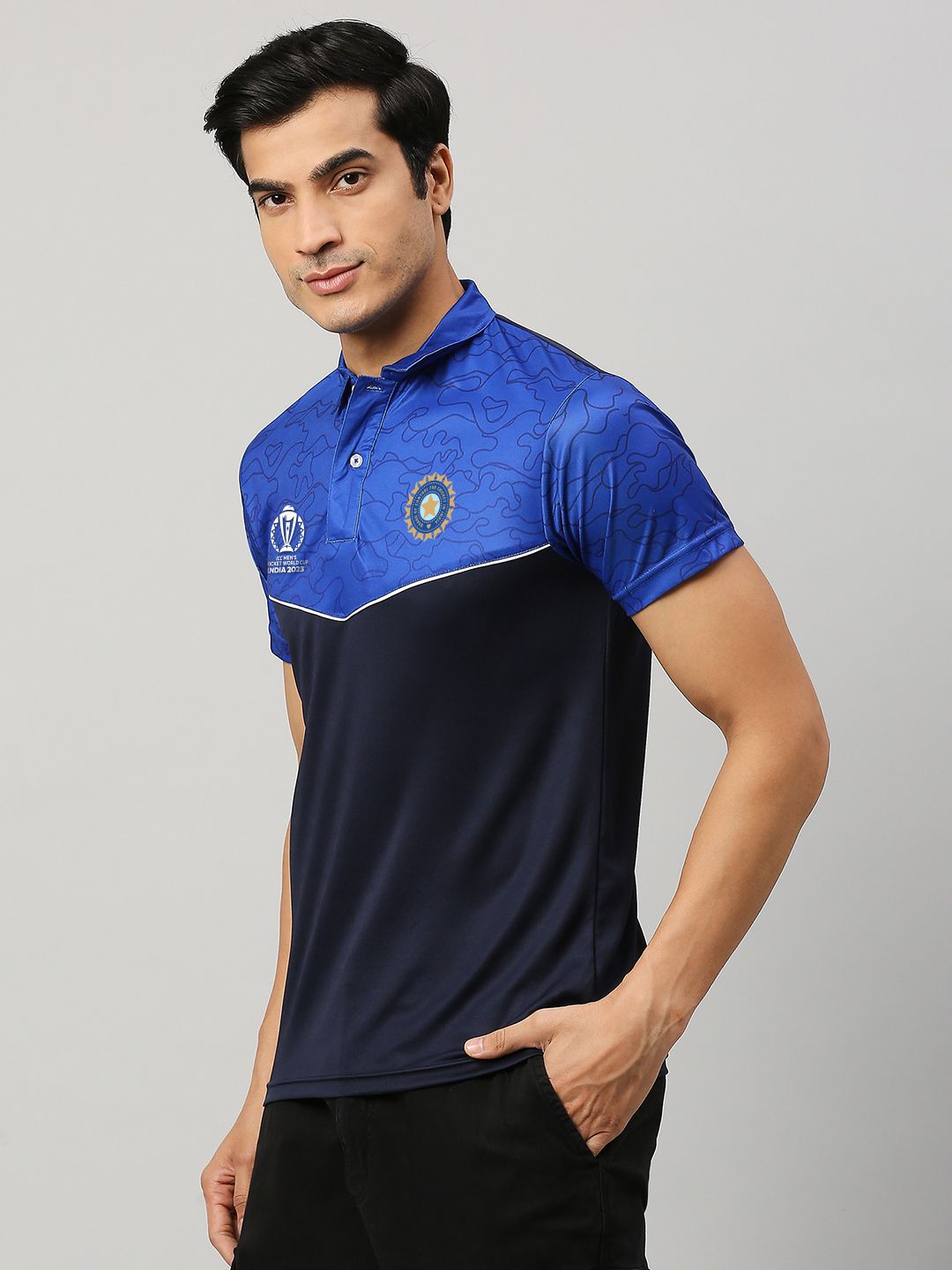 Buy Official ICC CWC-23 Men Navy Blue Colourblocked Short Sleeves Polo ...