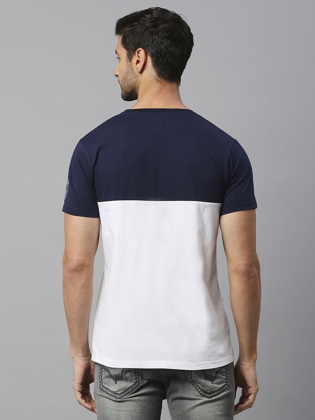 Men White Blue Printed Round Neck Crest T-Shirt From Fancode Shop.
