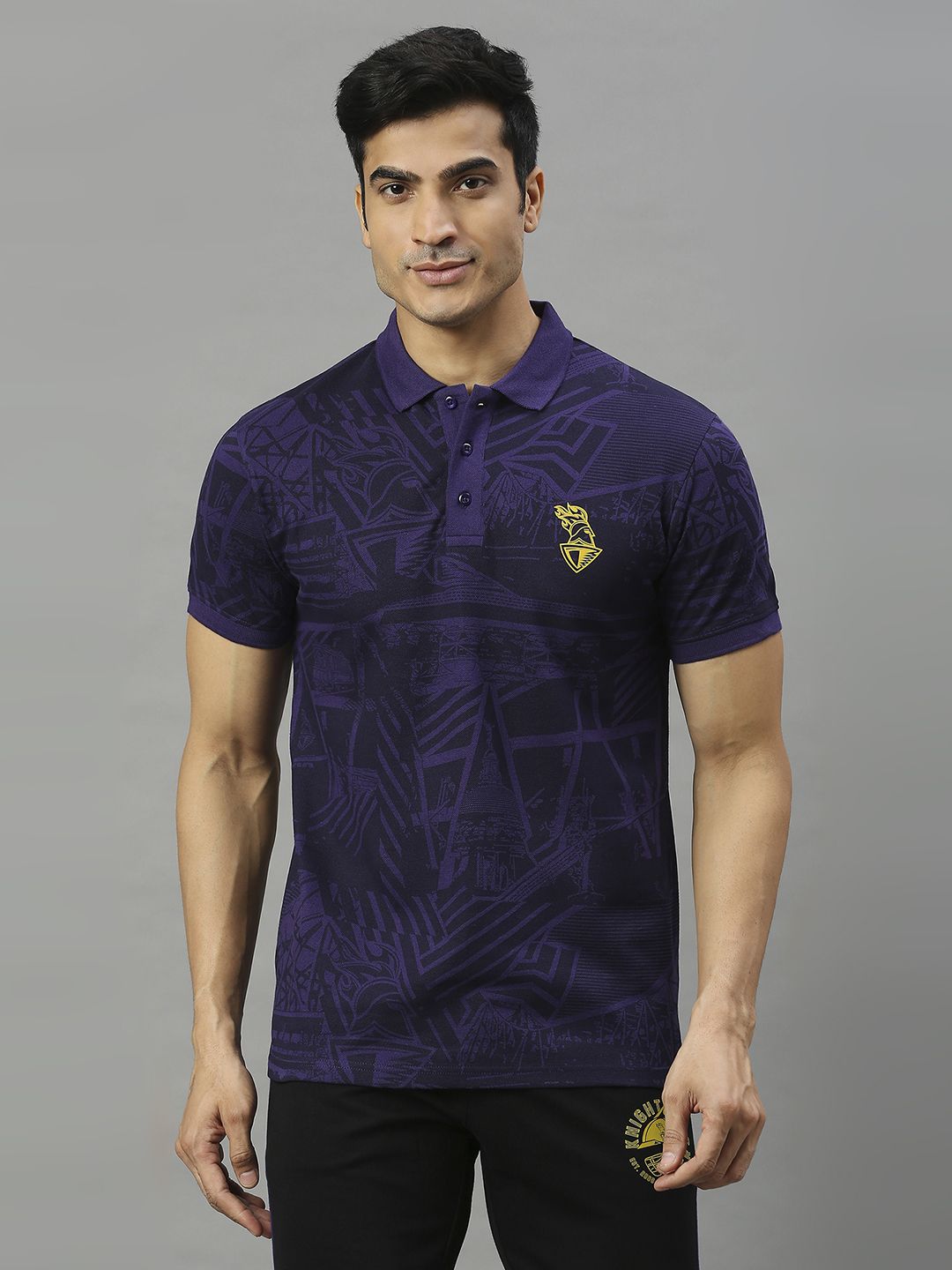 Men Purple Printed Cotton Polo Collar T-Shirts