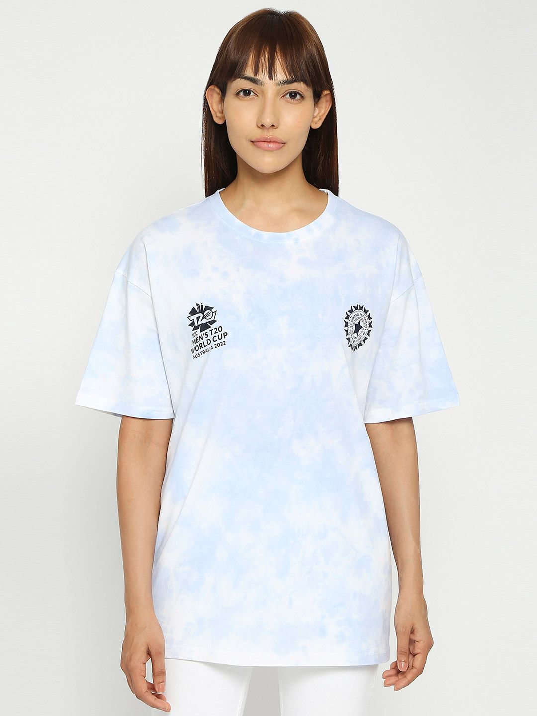 Buy Women White & Blue Printed Round Neck T-Shirt From Fancode Shop.