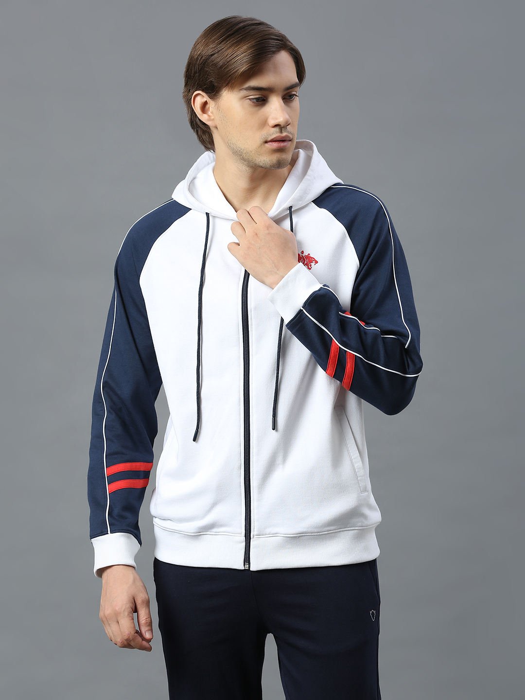 Delhi Capitals DC Official Men White and Blue Printed Hooded Jacket (1)