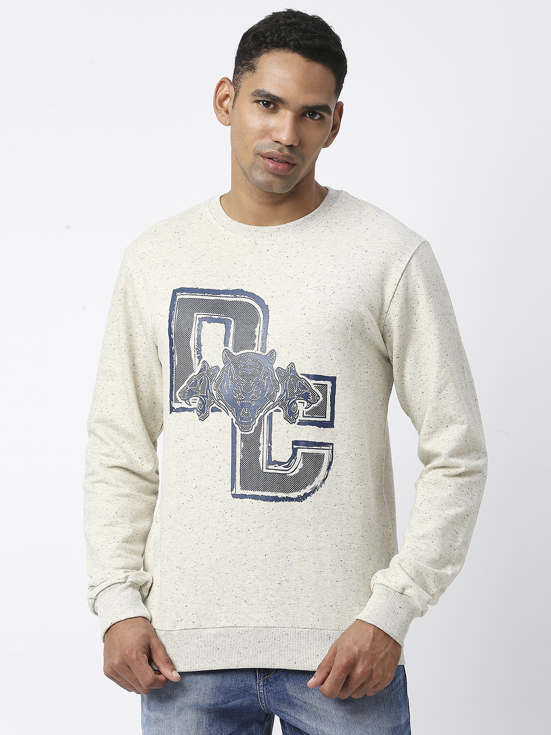 Men Beige Graphic Printed Full Sleeves Round Neck Sweatshirt
