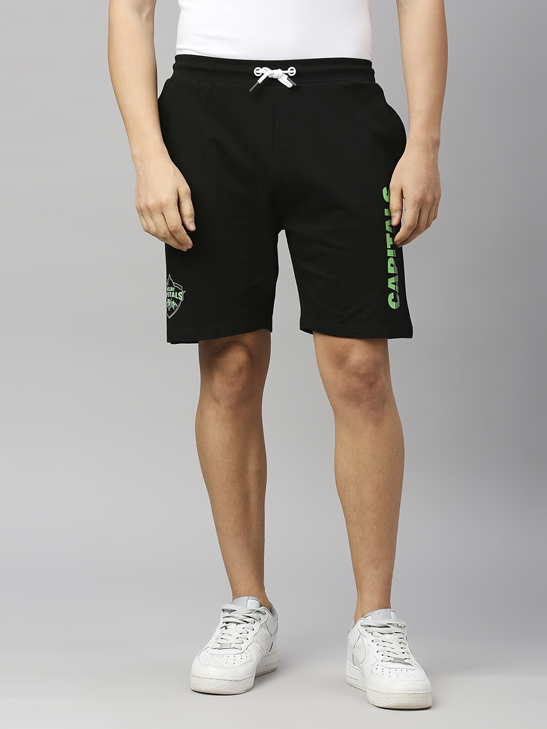 Delhi Capitals Men Black and Green Typography Print Mid-Rise Cotton Sports Shorts (1)