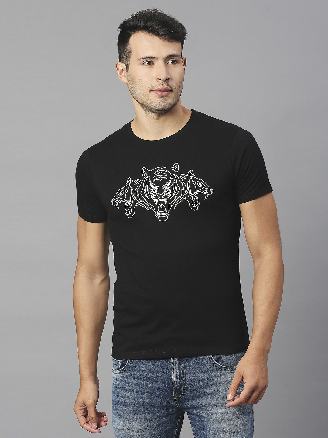 Men Black Printed Half Sleeves Round Neck Cotton T-Shirt