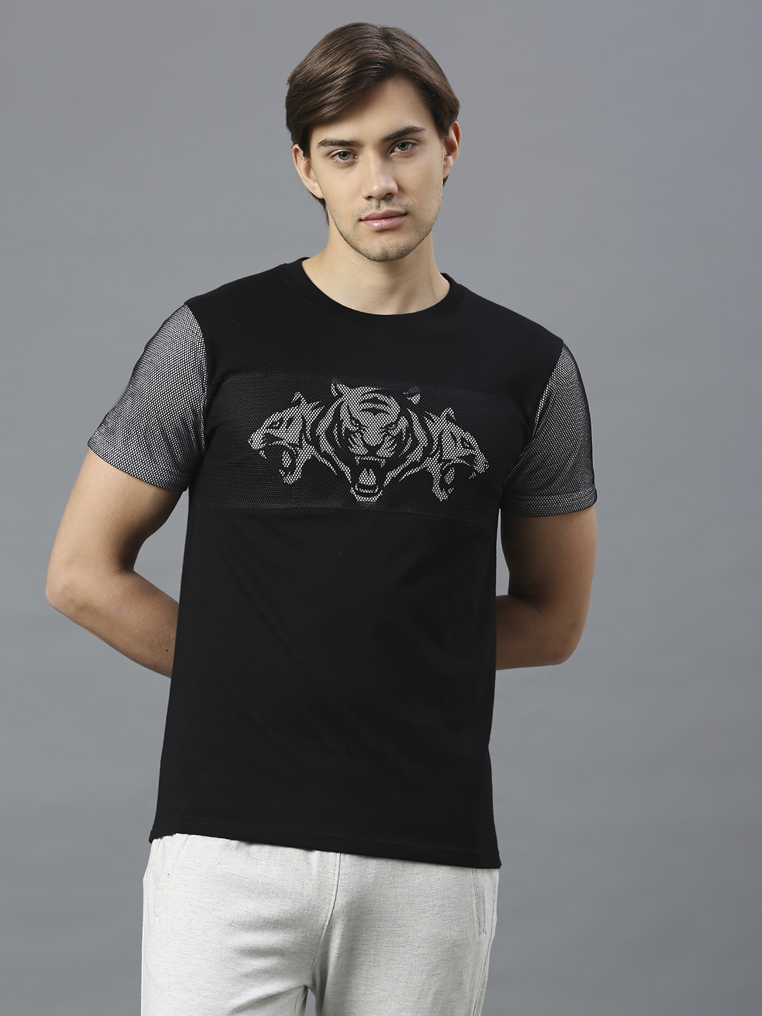 Men Black Printed Half Sleeves Round Neck Cotton T-Shirt