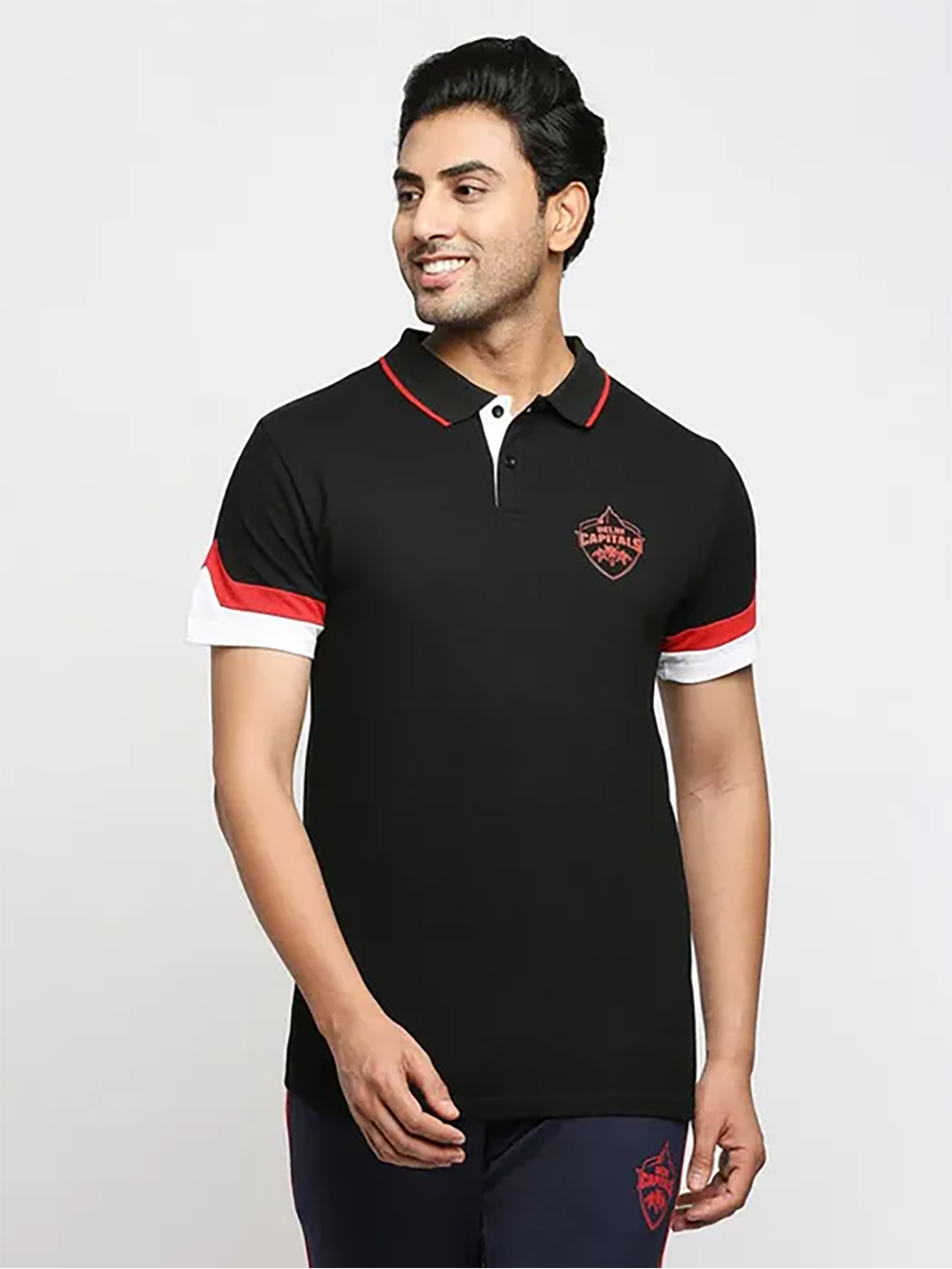 Delhi Capitals Men Black Solid Half Sleeves Polo Collar Cotton T-Shirt (1)