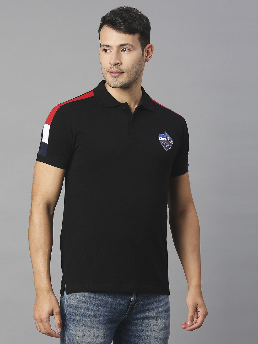 Delhi Capitals Men Black Solid Half Sleeves Polo Collar Cotton T-Shirt (3)