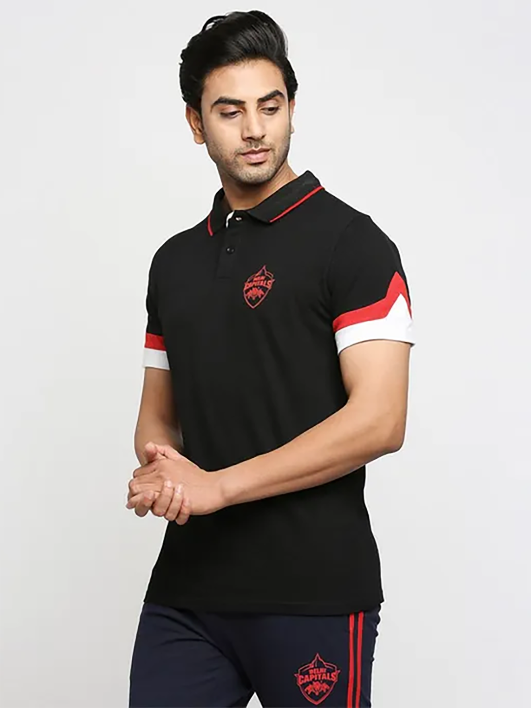 Delhi Capitals Men Black Solid Half Sleeves Polo Collar Cotton T-Shirt (3)