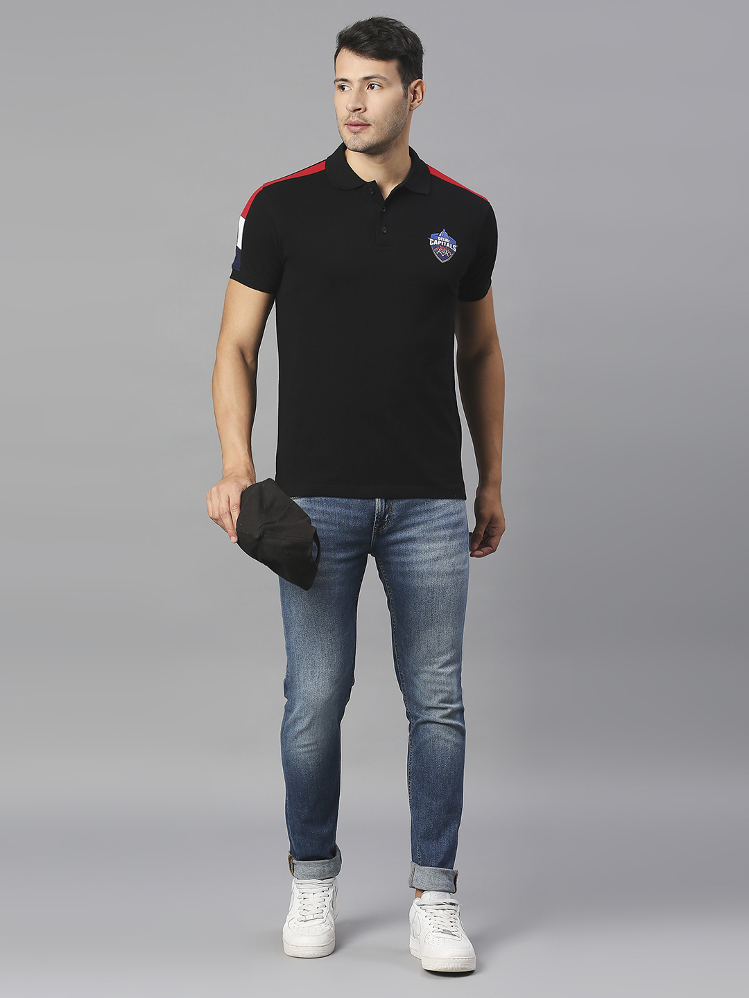 Delhi Capitals Men Black Solid Half Sleeves Polo Collar Cotton T-Shirt (4)