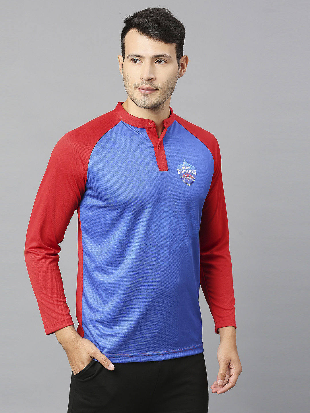 Delhi Capitals Men Blue and Red Colourblocked Full Sleeves Mandarin Collar Polyester T-Shirt (2)