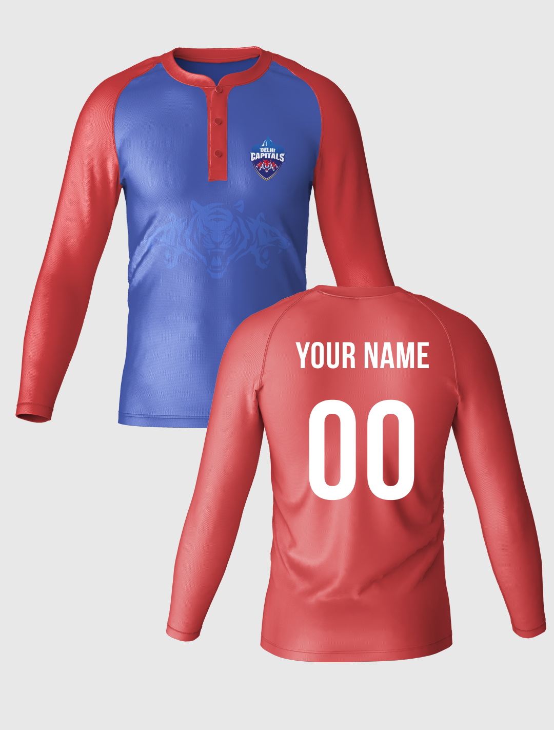 Men Blue and Red Colourblocked Full Sleeves Mandarin Collar Polyester T-Shirt: Customised With Your Name By FanCode