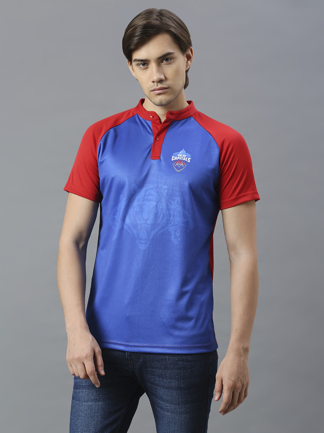 Delhi Capitals Men Blue and Red Colourblocked Half Sleeves Mandarin Collar Polyester T-Shirt (1)