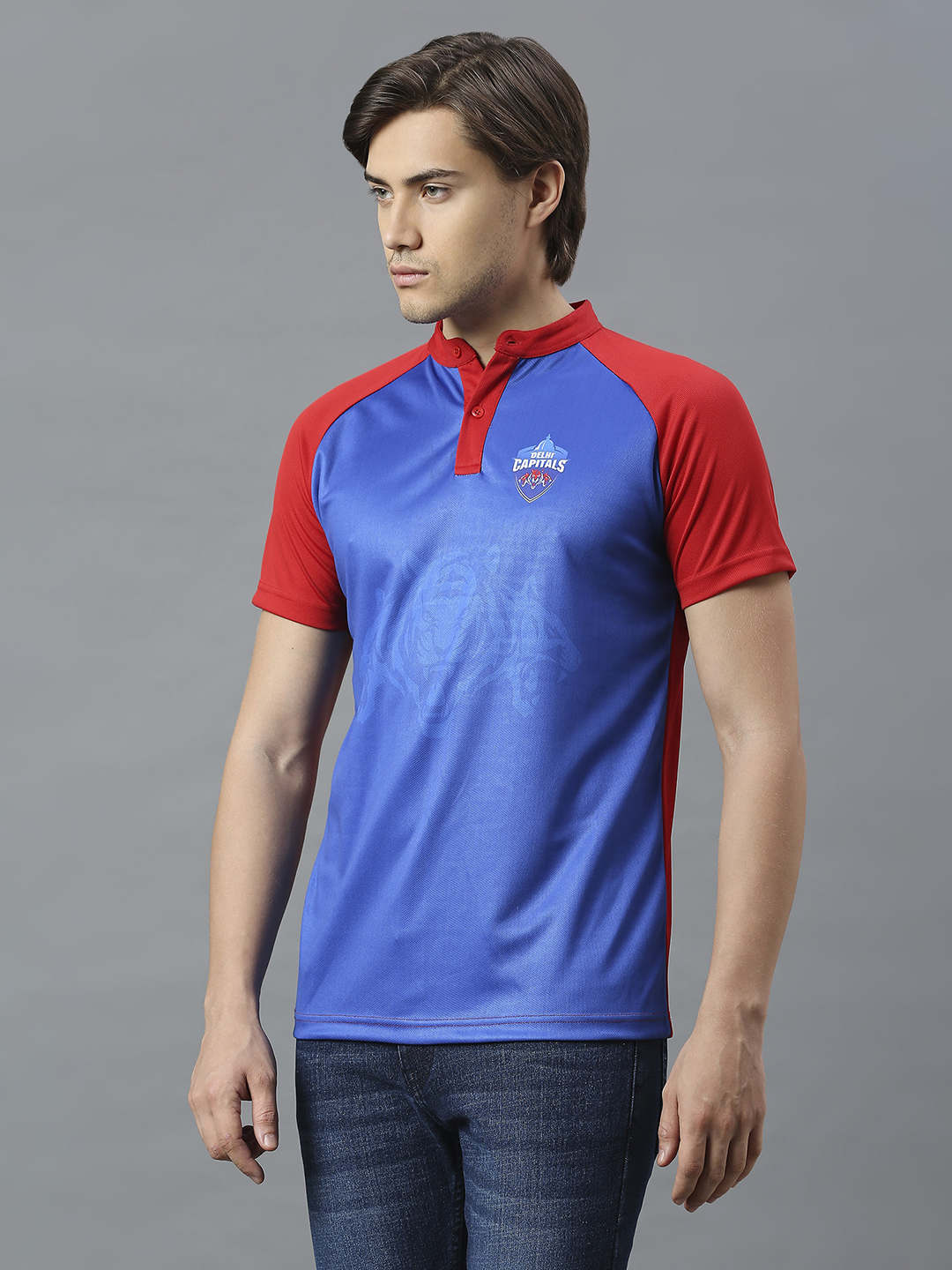 Delhi Capitals Men Blue and Red Colourblocked Half Sleeves Mandarin Collar Polyester T-Shirt (3)