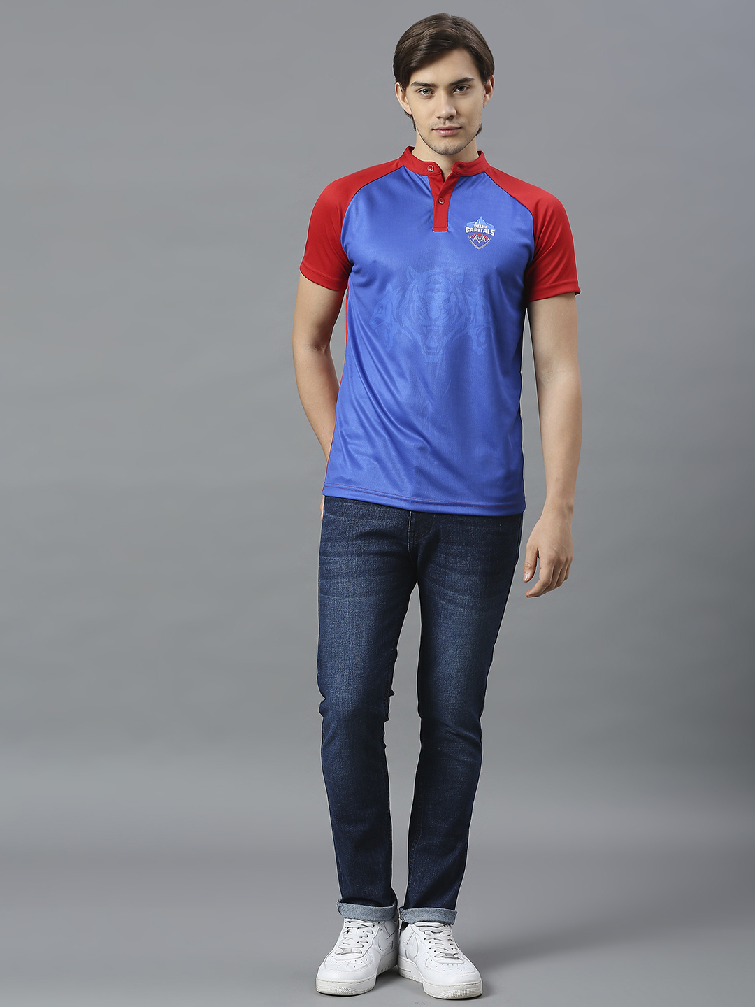 Delhi Capitals Men Blue and Red Colourblocked Half Sleeves Mandarin Collar Polyester T-Shirt (5)