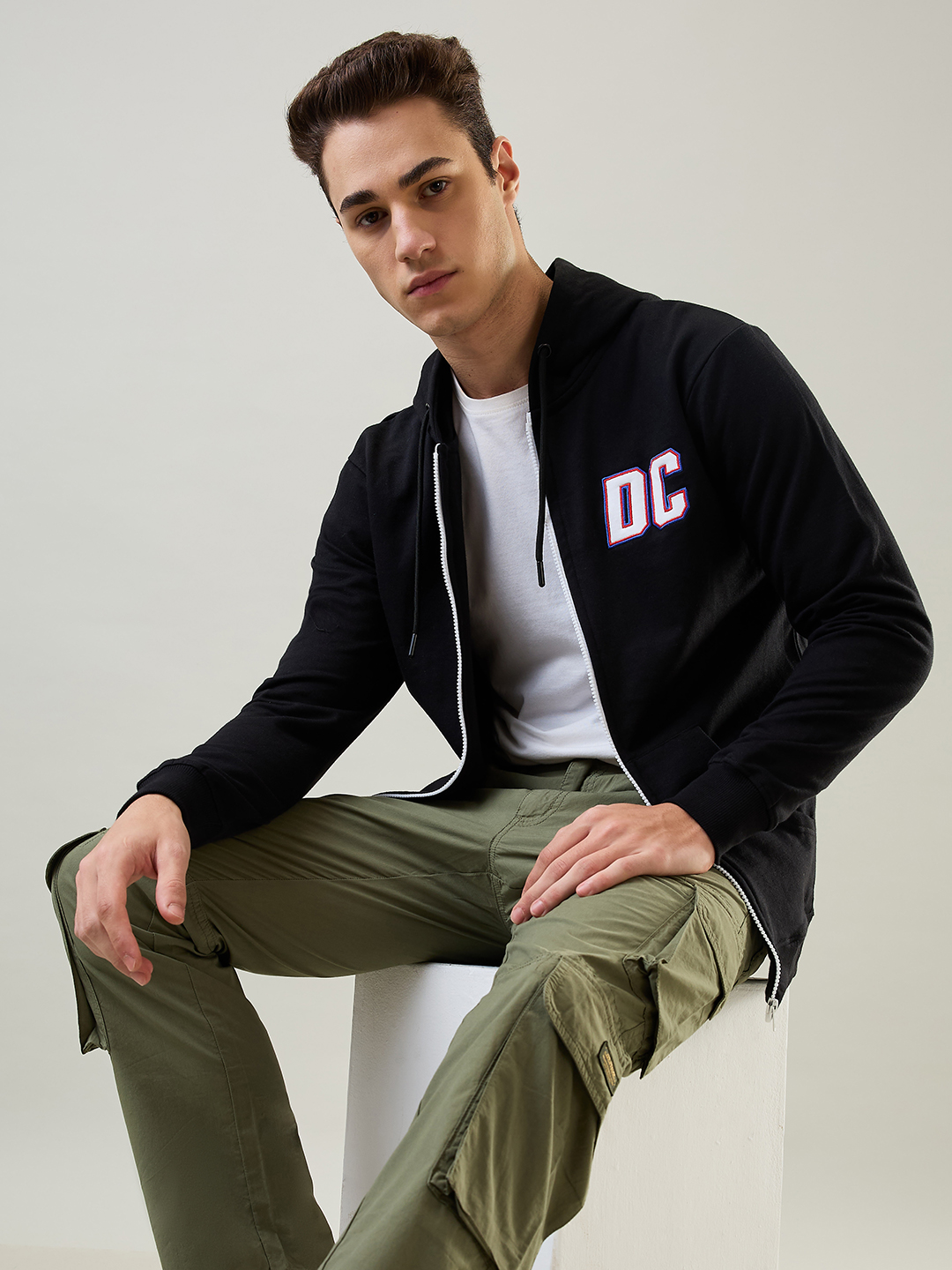 Men Grey Hooded Full Sleeves Front-Open Sweatshirt