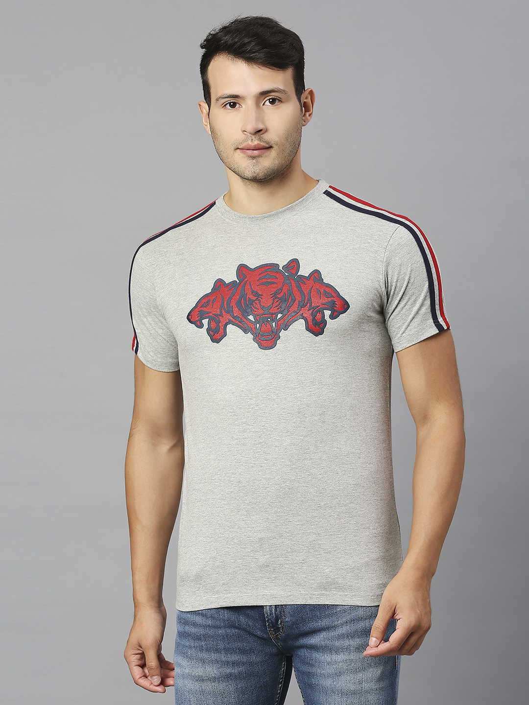 Men Grey Printed Half Sleeves Round Neck Cotton T-Shirt