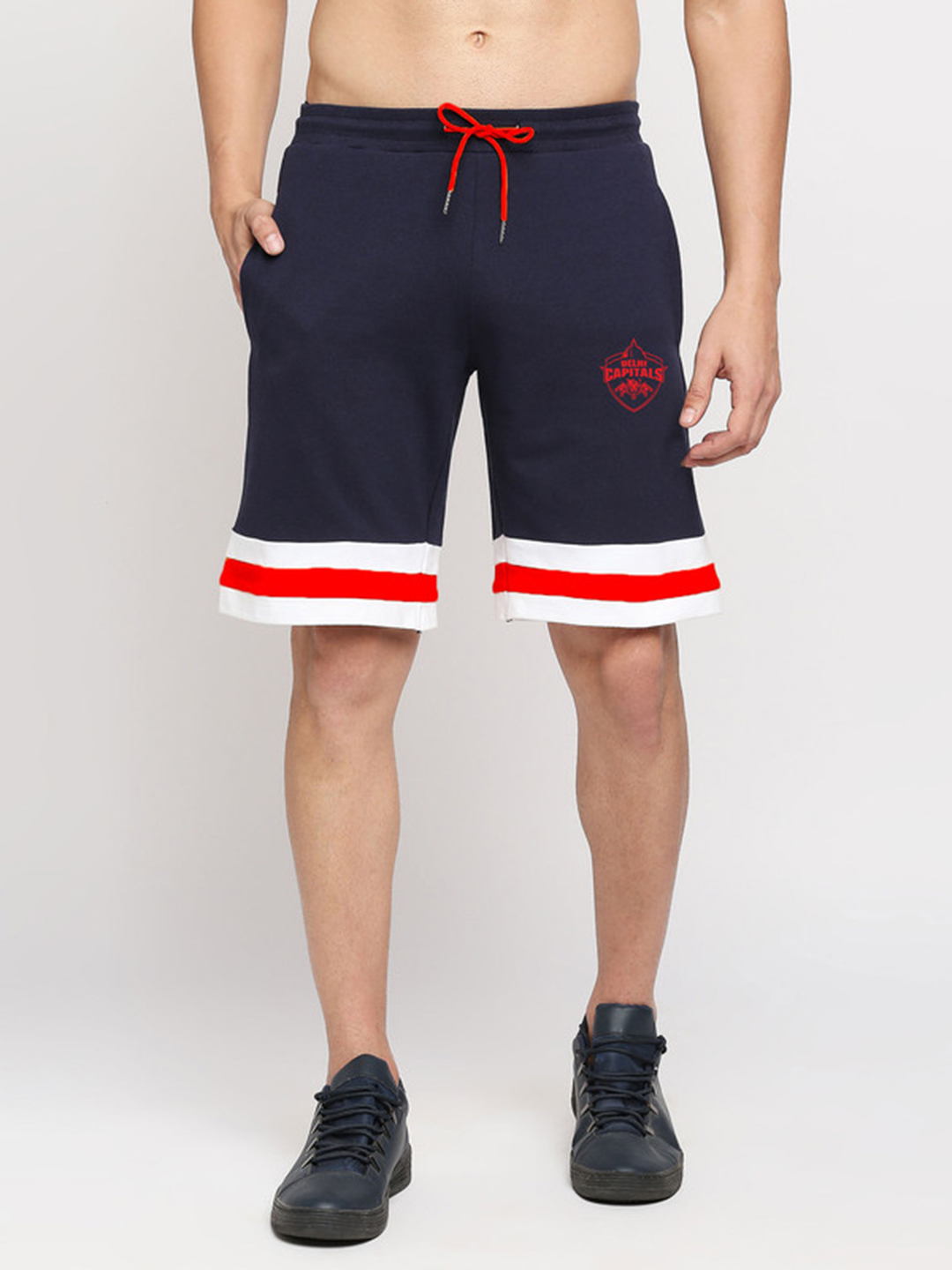 Delhi Capitals Men Navy and White Colourblocked Mid-Rise Cotton Sports Shorts (1)