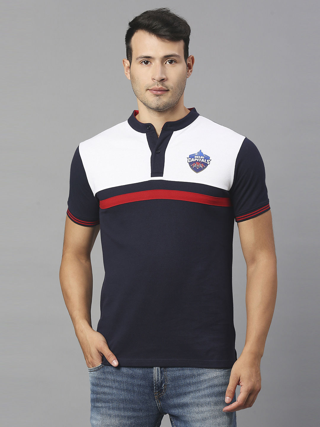 Men Navy Blue and White Colourblocked Half Sleeves Mandarin Collar T-Shirt